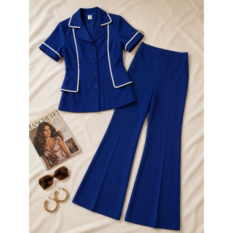 CONJUNTO CAMISA E CALÇA BOLCA DE SINO POLIÉSTER AZUL VINTAGE ANOS 70
