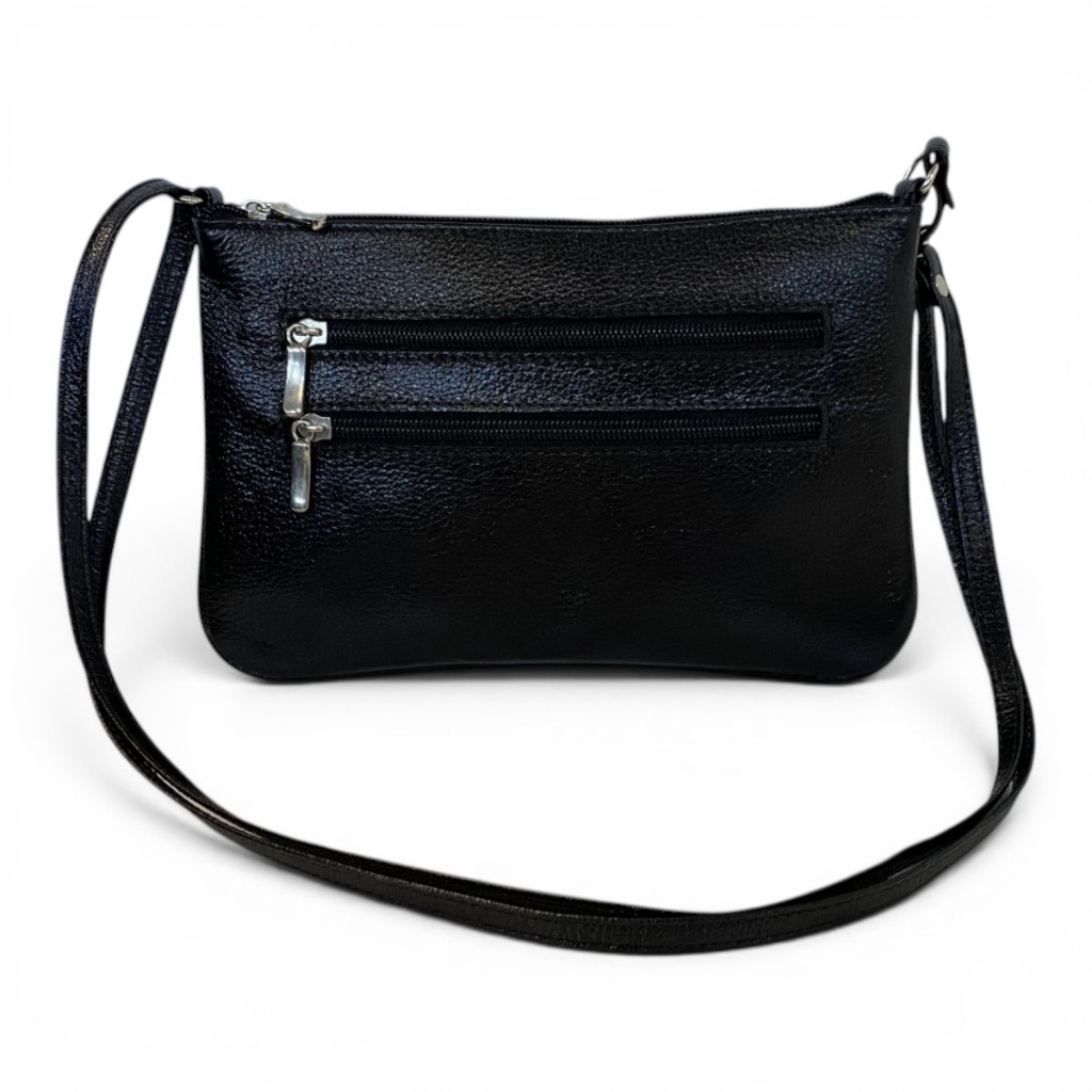 Bolsa Transversal em Couro Legitimo 2 Zíperes Festa Compacta Lisa Casual Pequena 3 Zíperes