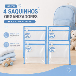 Kit 4 Saquinhos Organizadores Com Tag Bordada Roupa Limpa/Suja – Maternidade, Viagem, Creche