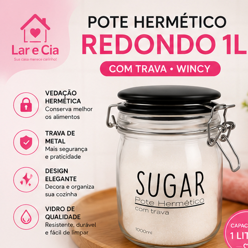 Pote Hermético Vidro 1L Com Trava Wincy Sugar/Salt Tampa Vedação Cozinha