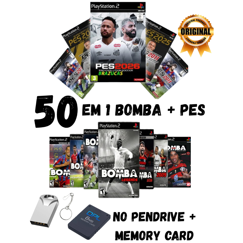 COLEÇÃO DEFINITIVA PS2: 50 JOGOS EM 1 (25 BOMBA PATCH + 25 PES) NO PENDRIVE OPL + MEMORY CARD OPL