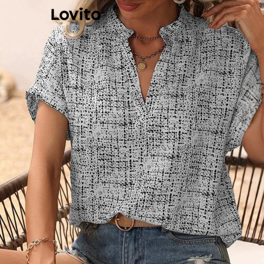 Lovito Blusa Manga Curta Decote V com Vista sem Botões Estampa Grid Feminina BRBLNS48BX010BK · foto 2