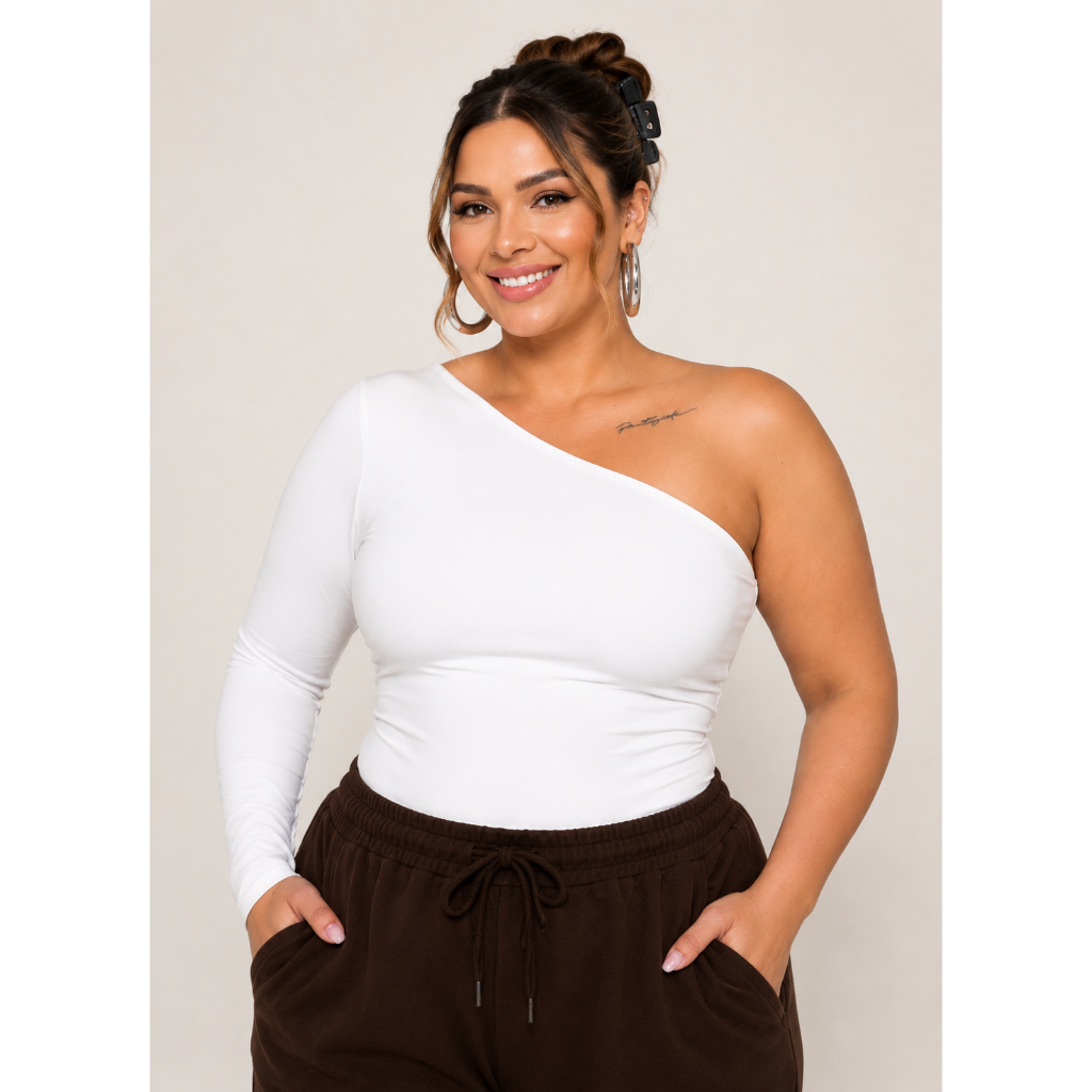 Blusa Body Uma Manga Só Plus Size Suplex Assimétrica GG G1 G2 Várias Cores