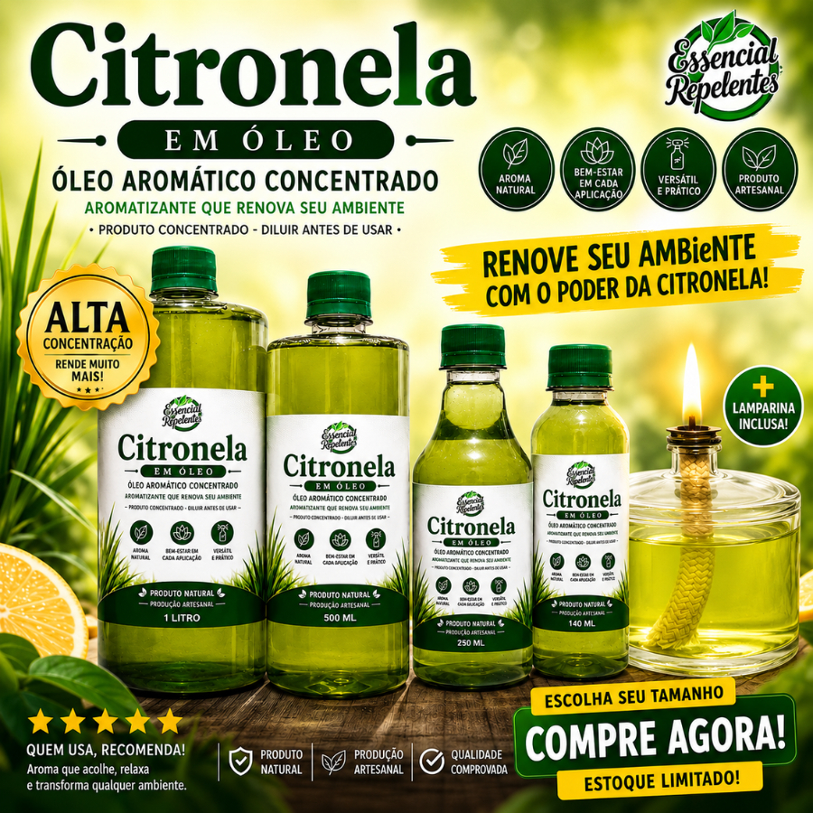 Repelente Natural com Óleo de Citronela e Lamparina de Vidro 100ml – Proteção Eficiente