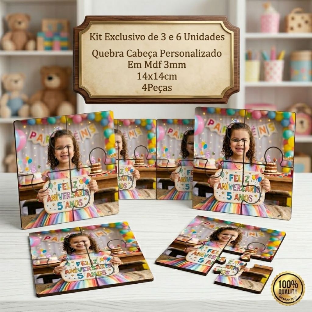 Kit 6 Quebra Cabeça Infantil Personalizado Mdf 3mm 14x14cm 4 Peças Lembrancinha Aniversario Criança