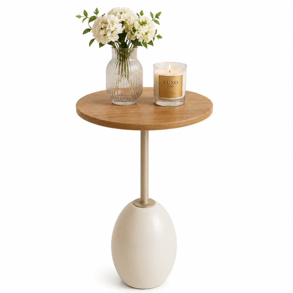 Mesa Lateral Base Luna Off White Madeira Natural Minimalista