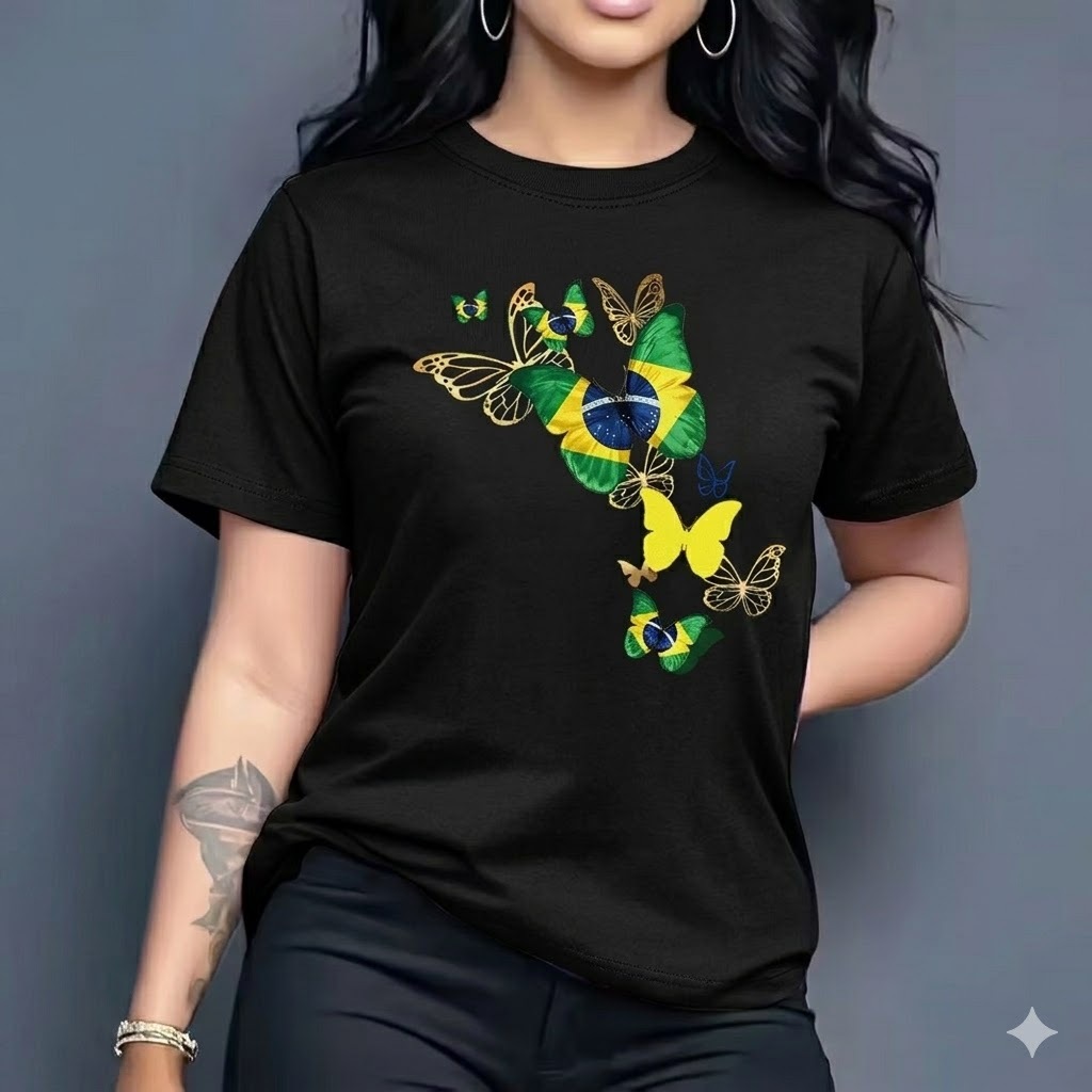 Camiseta Feminina Estampa de Borboleta e Bandeira do Brasil  Verde Vibrante & Dourado sobre Preto