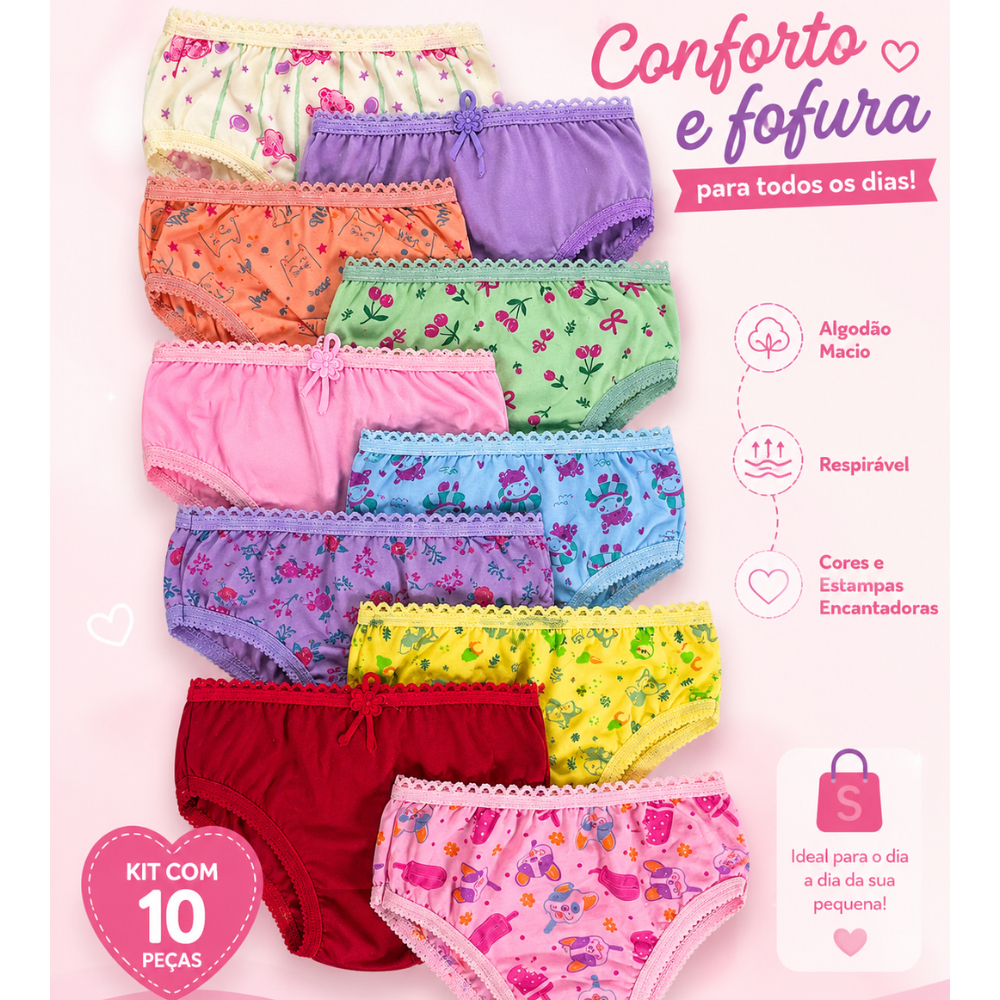 Kit Calcinha Infantil  Menina Confortável Estampada Com Forro de Algodão 01 a 10 Anos