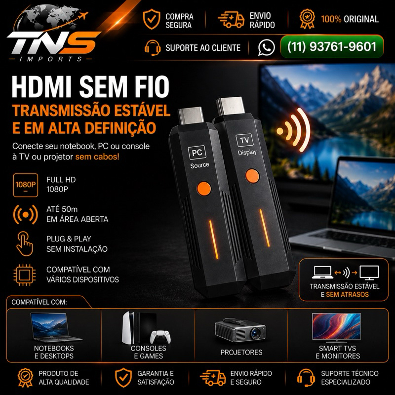 Transmissor HDMI Sem Fio Wireless Full HD Notebook/PC/Game/Projetor