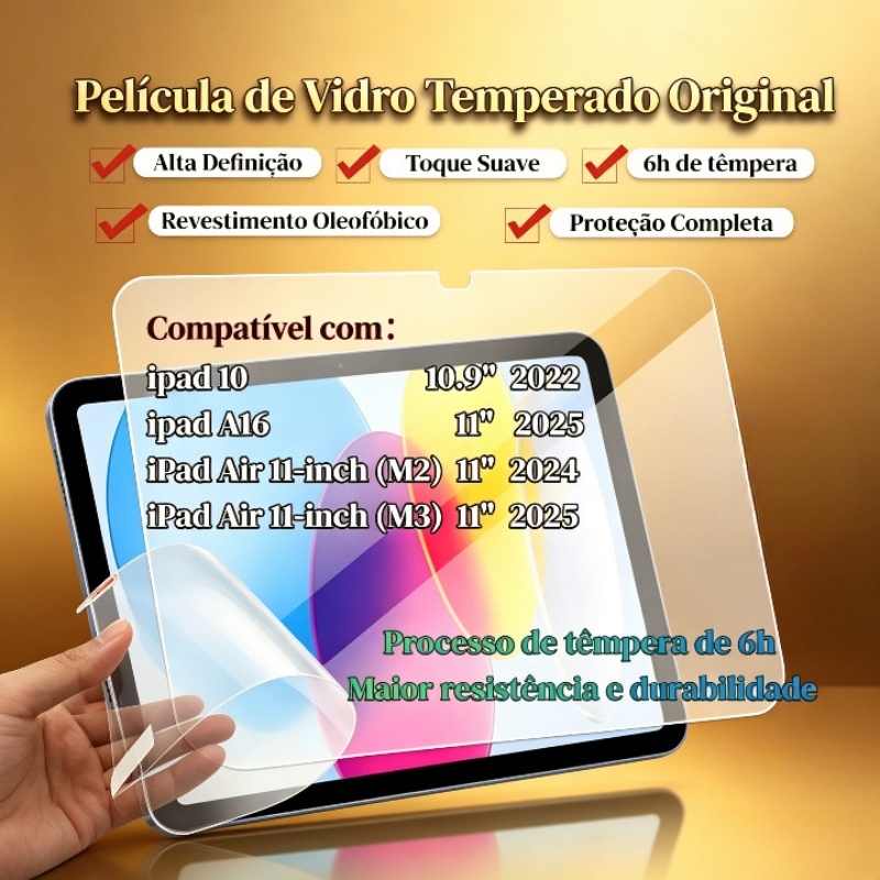 Película de Vidro para iPad 10/11/Air M2/M3 – Sem Bolhas, Anti-Reflexo