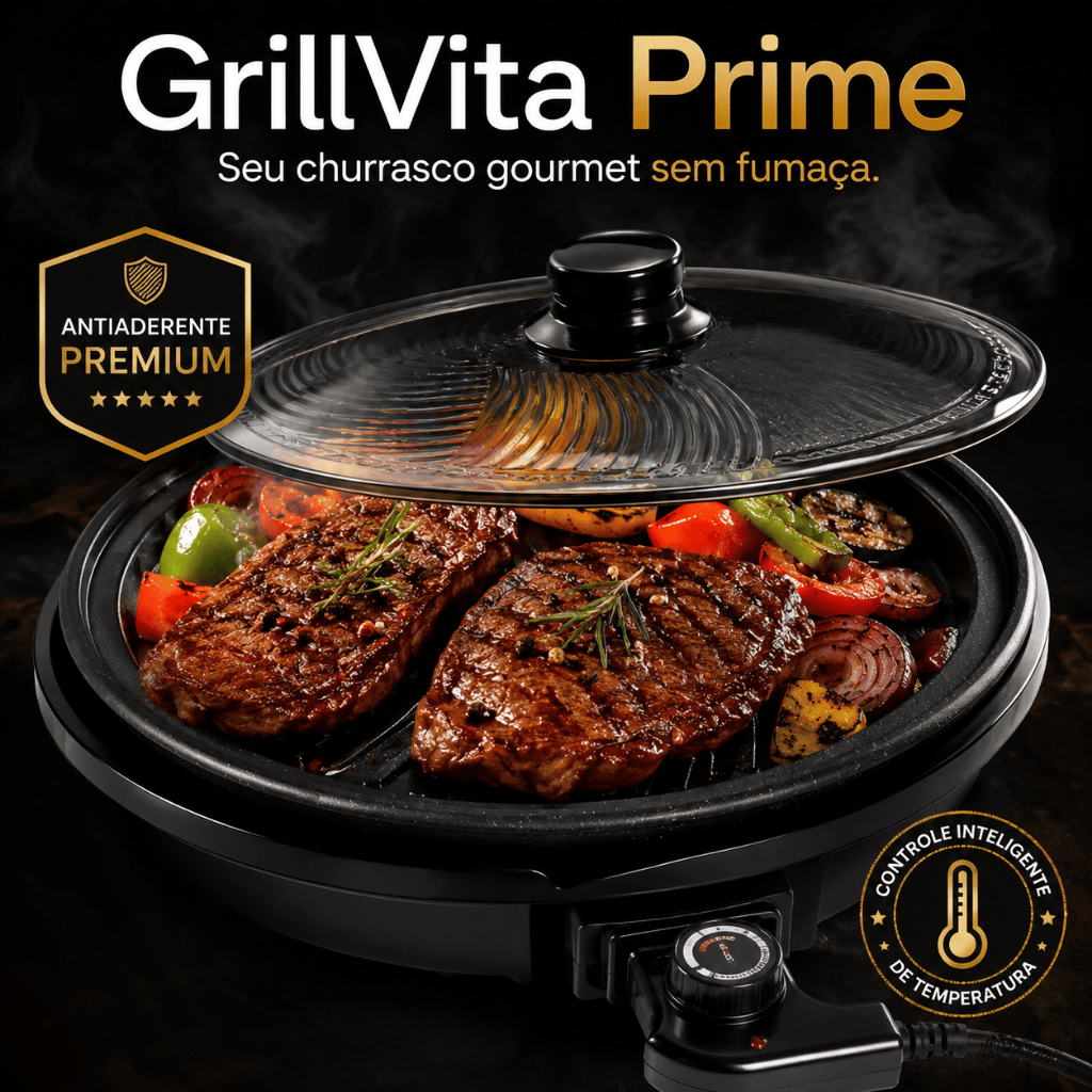 🏆 Grill Elétrico GrillVita Prime Antiaderente Redondo 220V com Termostato Ajustável e Limpeza Fácil