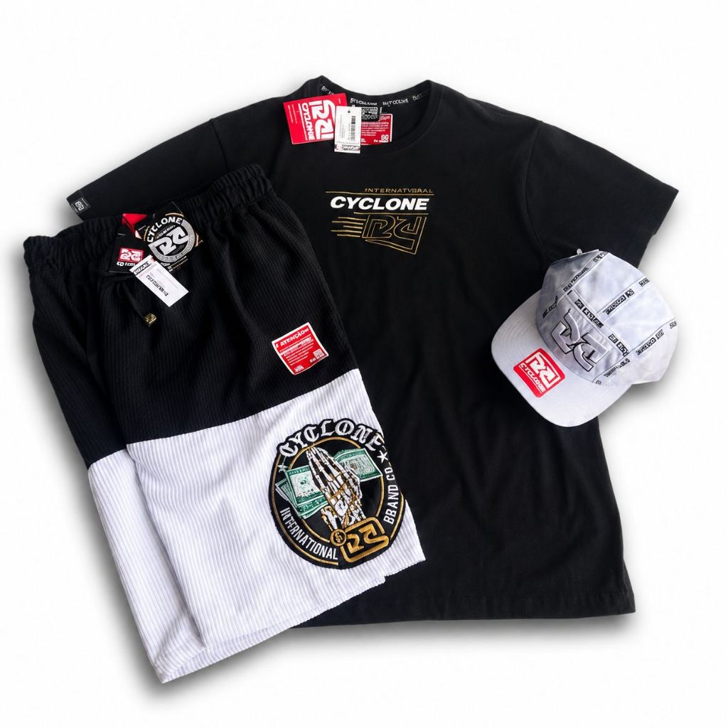 Kit Bermuda de veludo Preto e Branco + Camiseta e Boné