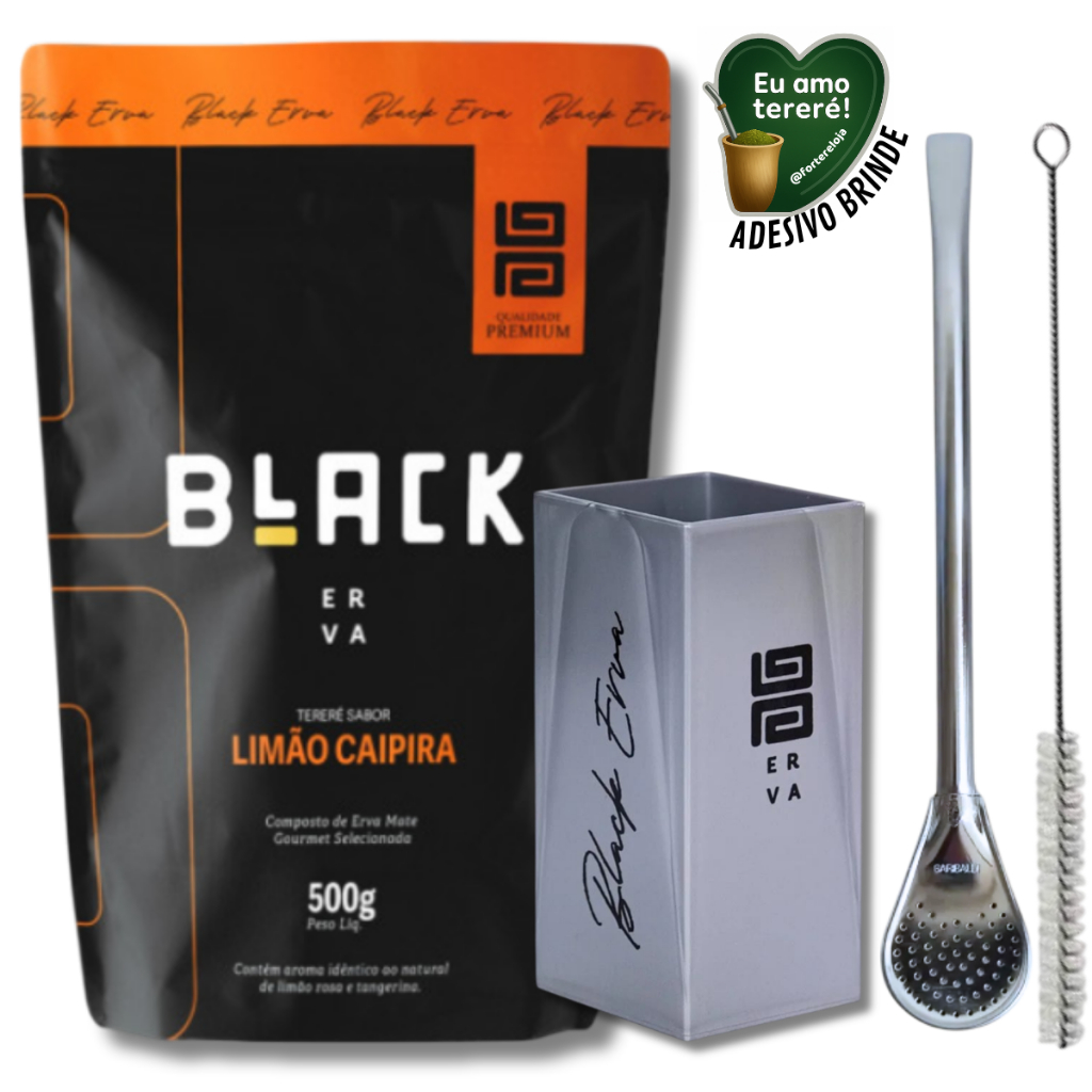 Kit Tereré Black Erva Mate 500g + Copo Cuia Quadrado + Bomba Clássica c/ Escovinha + Adesivo BRINDE