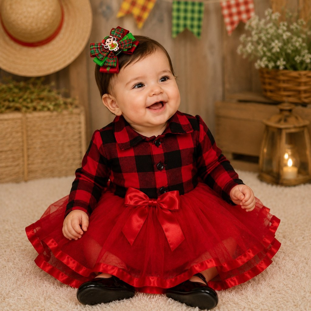 Conjuto Festa Junina Bebe Mesversario Menina Varias Cores Body & Tule & Laço