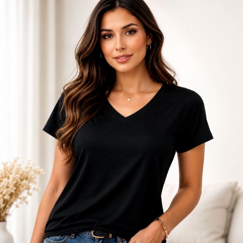 Blusa camiseta Moda Feminina Gola V Manga Curta Rovitex Viscose Elastano Básica Premium Confortável Casual