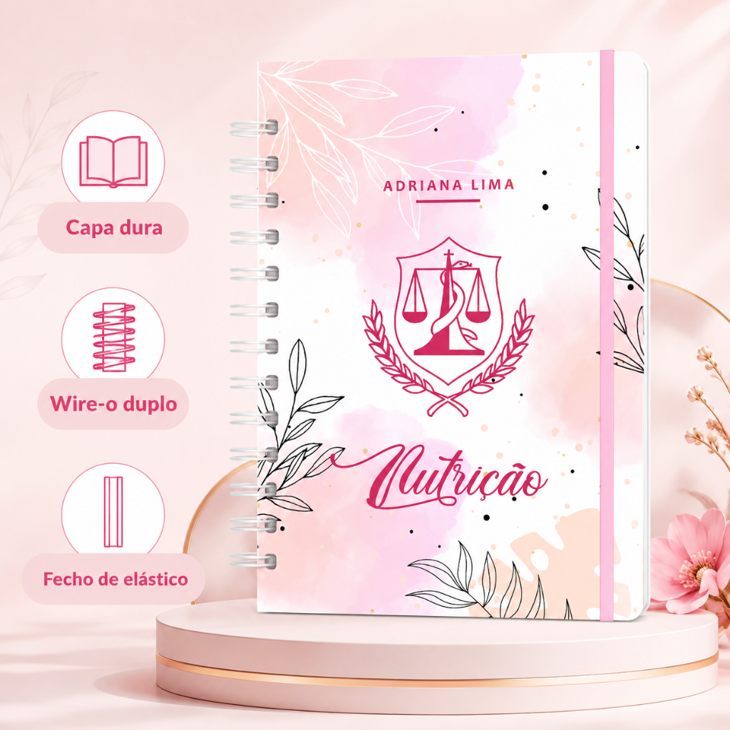 Caderno Personalizado Nutrição com Nome Capa Dura Wire-O 22x16cm Premium 120 Folhas