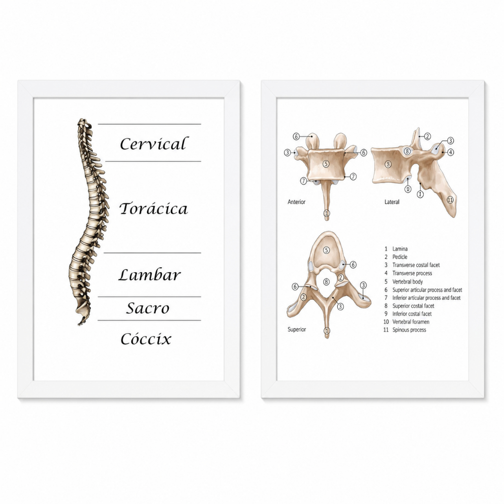 Kit 2 Quadros Decorativos Coluna Vertebral Consultório Clínica Fisioterapia Ortopedia Moldura Branca