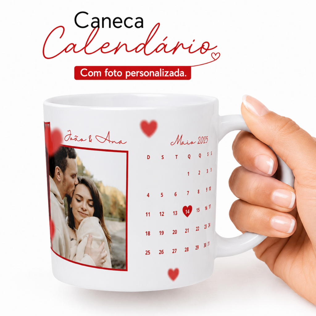 Caneca Calendário Personalizada com Foto | Presente para Casal | Caneca com Data Especial