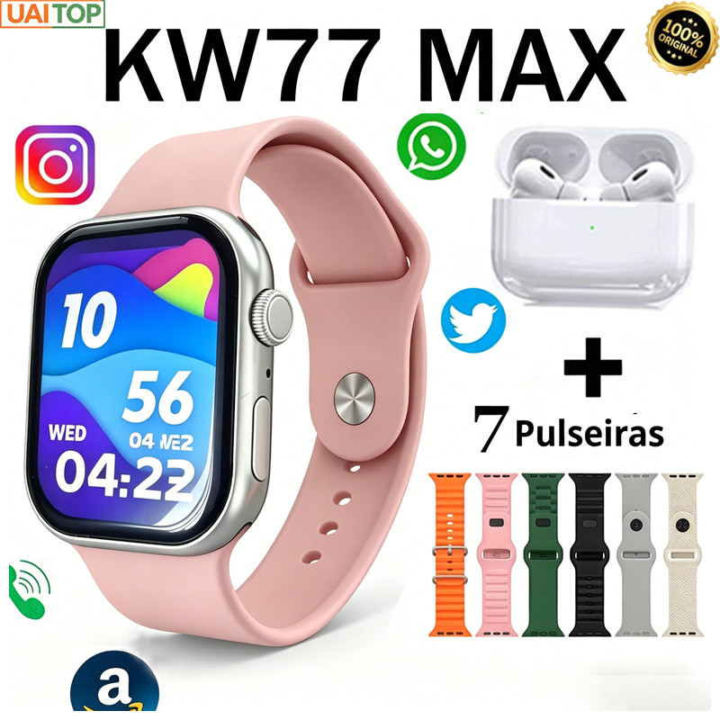 Smartwatch KW77 Max + Fone Notificações WhatsApp e 7 Pulseiras. O melhor presente de Dia das Mães