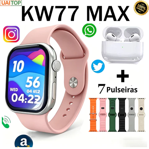 Smartwatch KW77 Max + Fone Notificações WhatsApp e 7 Pulseira Papel de parede personalizado para presente de aniversário
