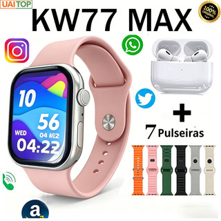 Smartwatch KW77 Max + Fone Notificações WhatsApp e 7 Pulseira Papel de parede personaliza…