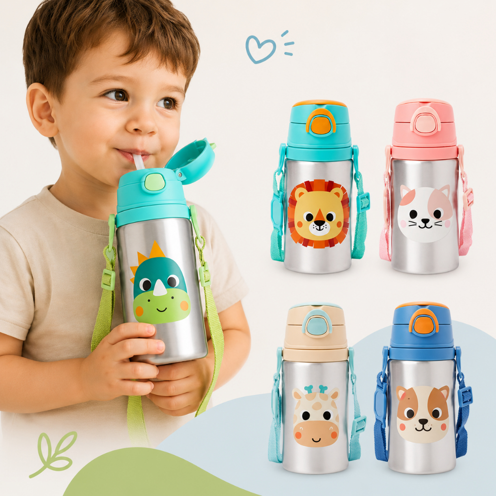 Garrafa Copo Alumínio Infantil Bebê Canudo de Silicone Animal Fun Buba 400ml com Canudo e Cordinha