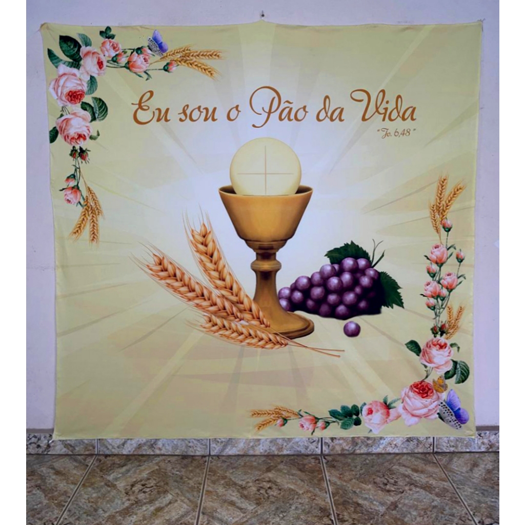 Fundo Fotográfico 1,50m malha Sublimada Eu sou Pão vida Comunhão primeira eucaristia Corpus Christi
