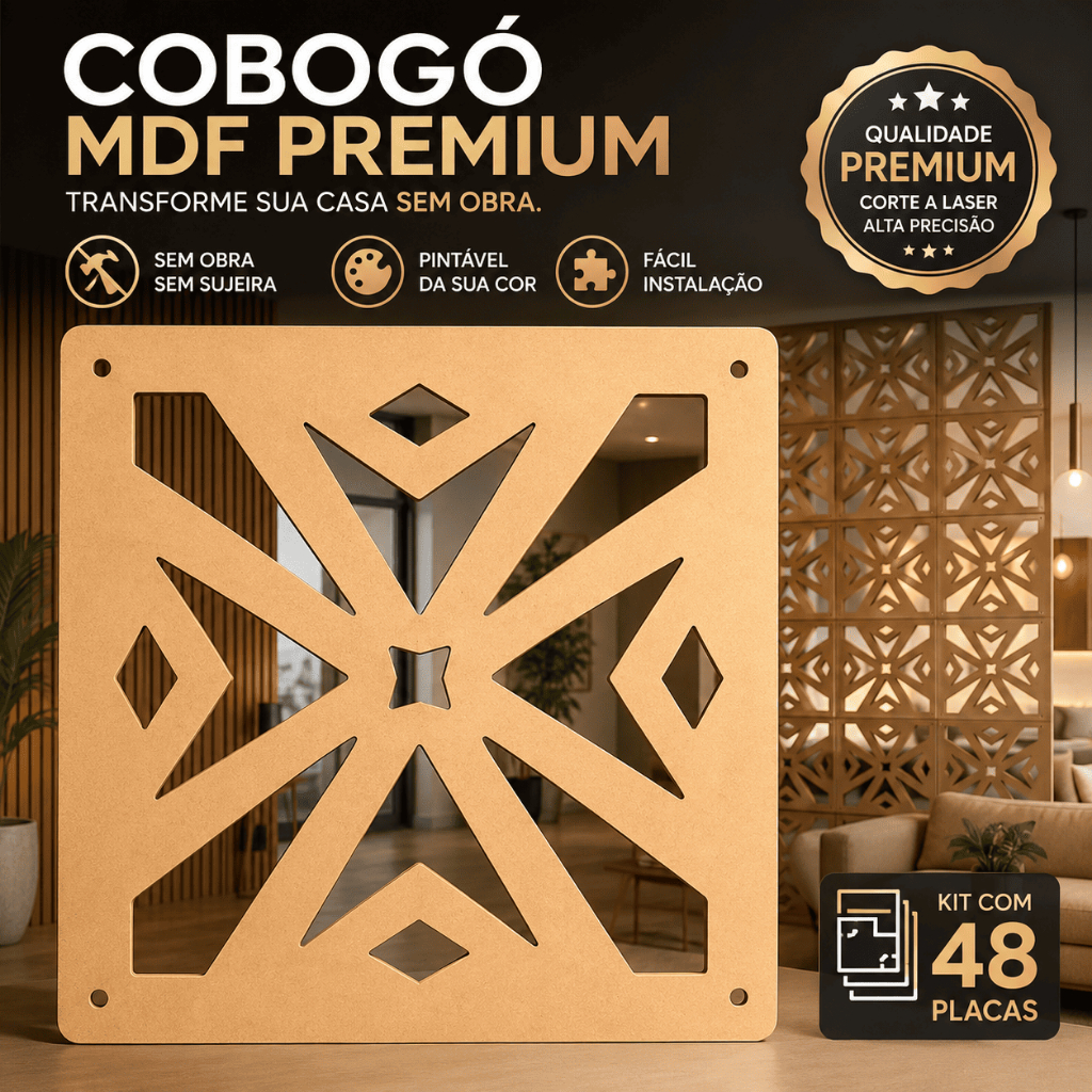 Kit 48 Modulo Mdf Divisoria Ambiente Placa Vazada Quadro Cobogo Decoraçao Sala Quarto 29x29cm