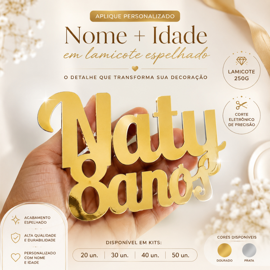 KIT APLIQUE NOME PERSONALIZADO + IDADE 12 CM | DOURADO OU PRATA | FESTA E LEMBRANCINHAS