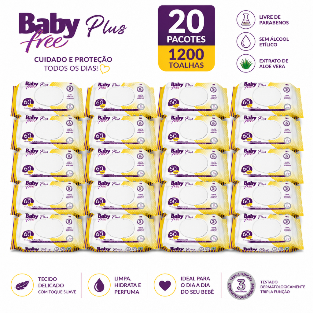 Caixa com 20 Lenços/Toalhas Umedecidas Baby Free Plus c/ 60 Unidades Cada – Tampa FlipTop