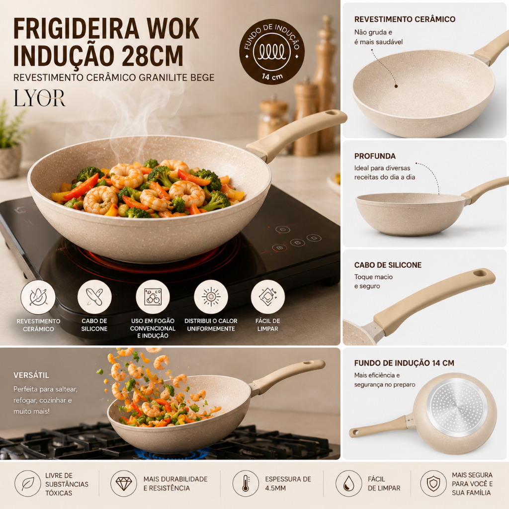 Frigideira Wok de Indução em Alumínio com Revestimento Cerâmico Granilite 28cm - Lyor