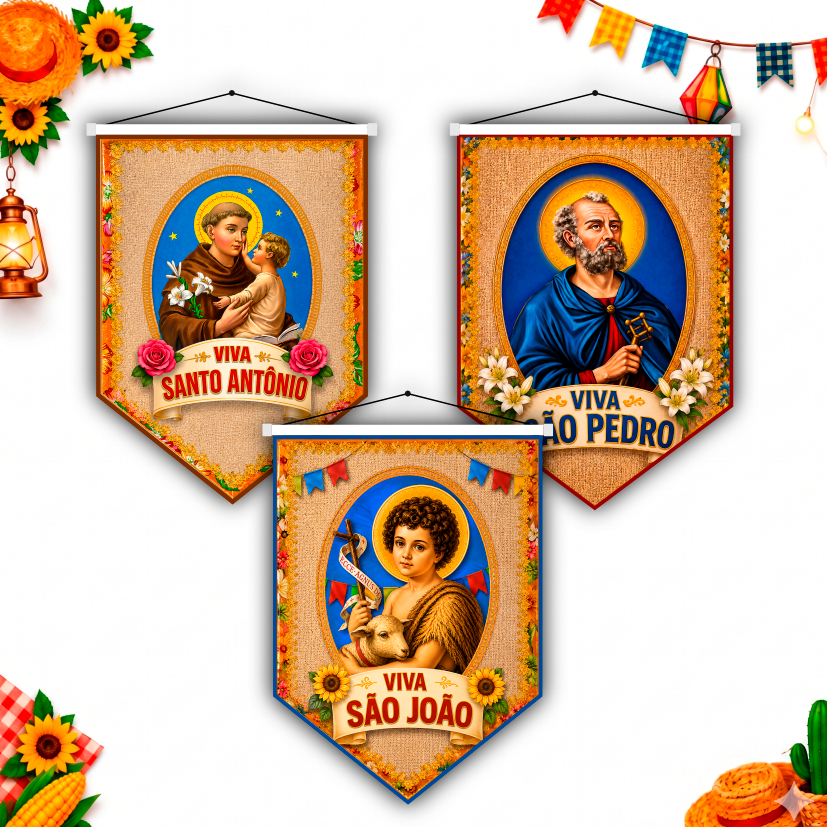 Kit 3 Bandeiras Festa Junina Decorativa São João Em Lona Impermeável Com Madeira E Cordão