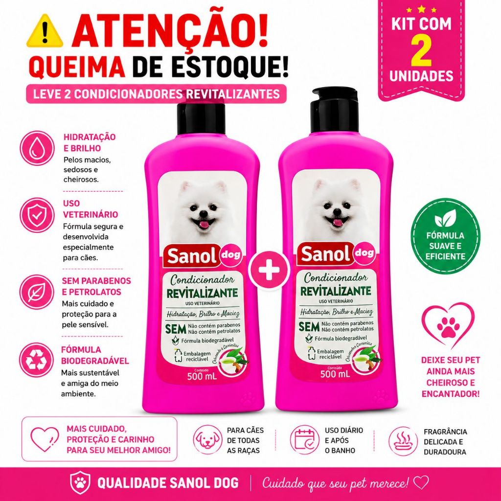 Kit C/2 frascos Condicionador Revitalizante Sanol Cães 500ml cada