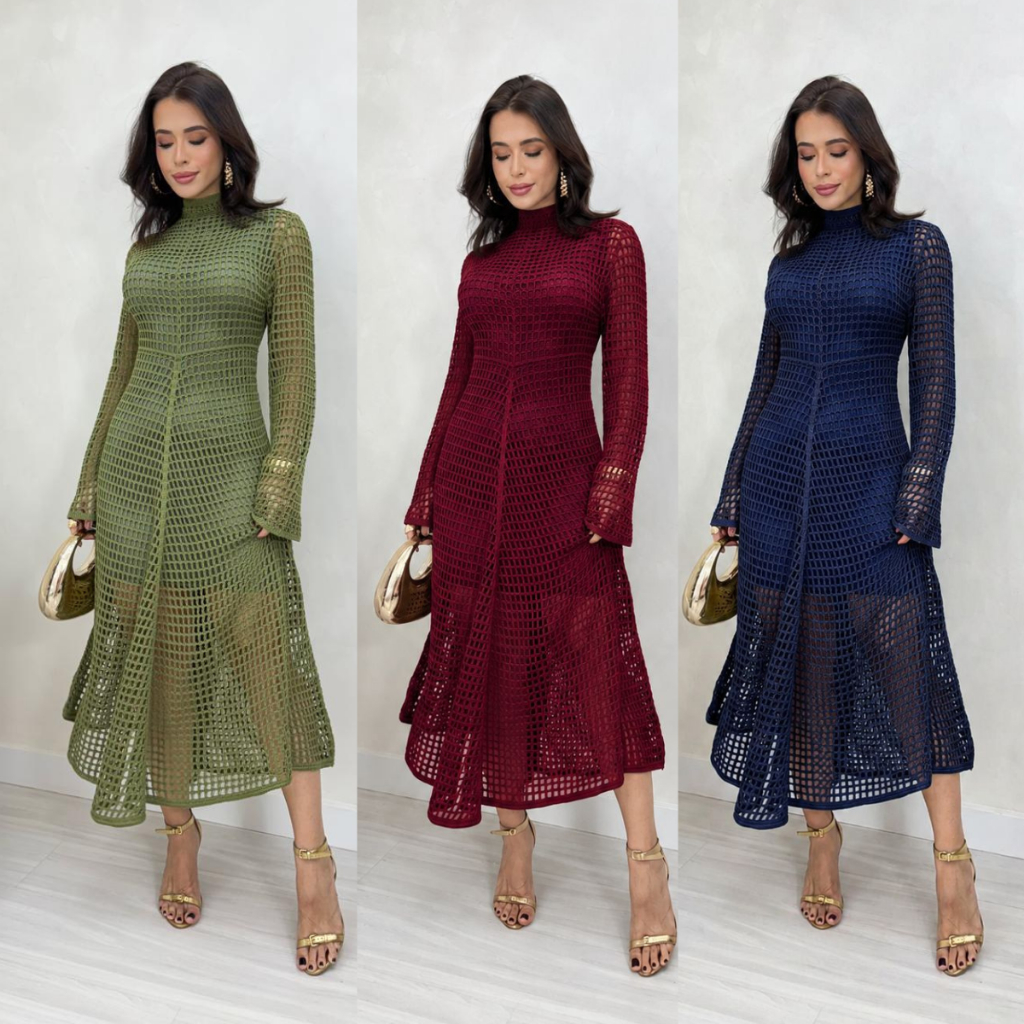 Vestido Manga Longa Rendado de Tricot Vestido Feminino Tricô Festas Inverno Frio
