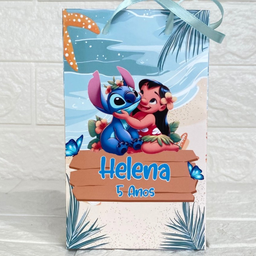 Kit 10 a 40 Sacolinhas Personalizadas Lilo & Stitch Praia | Lembrancinha Festa Infantil com Nome e Idade