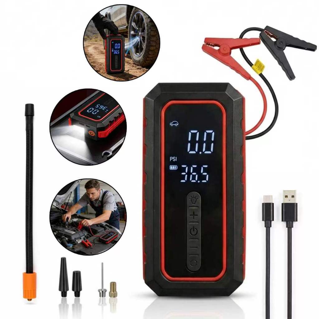 Compressor 120W Jump Starter LED Digital – Bomba Elétrica 12V p/ Pneu Carro, Moto, Bola – Portátil Automotivo