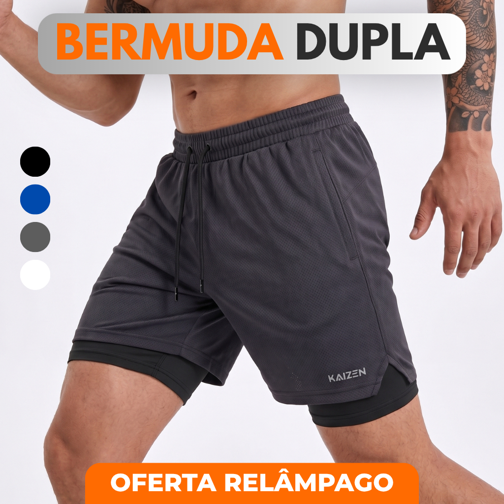 Bermuda Dupla 2 em 1 Academia Dri Fit Proteção UV 50 Shorts Masculino para treino