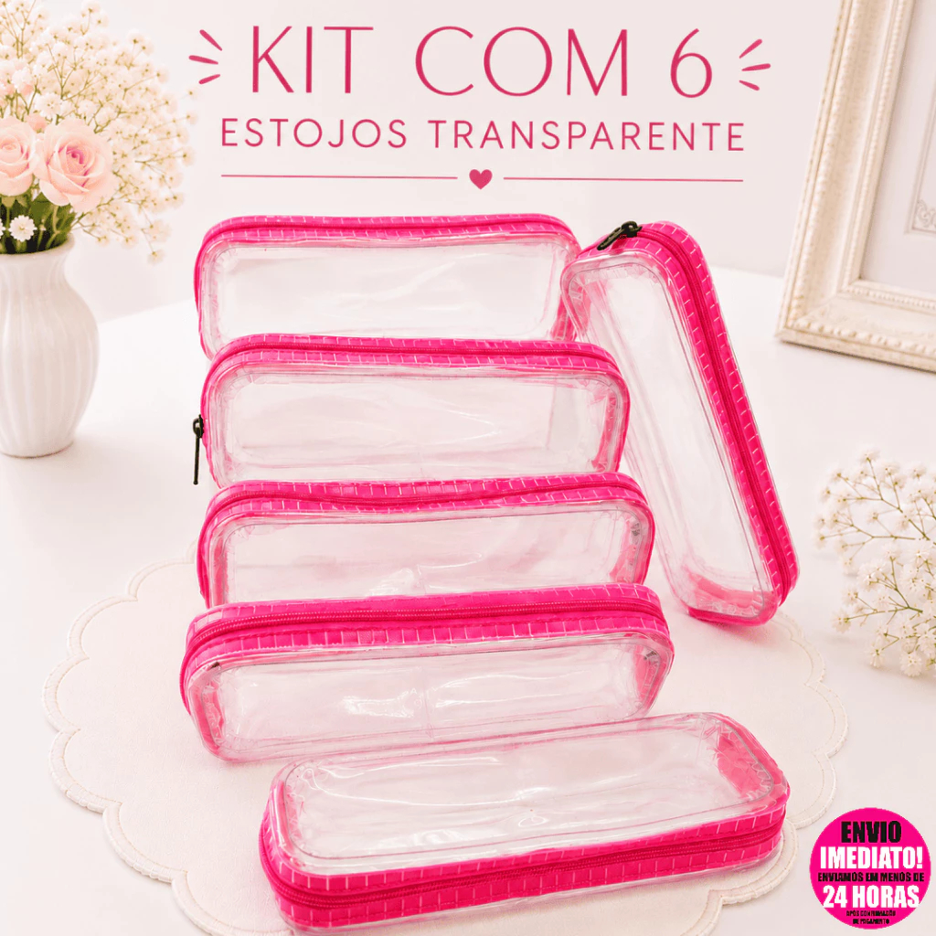 Kit Estojo/Necessaire Transparente Feminina Escolar Organizador Viagem Compacto Multiuso 1 Zíper