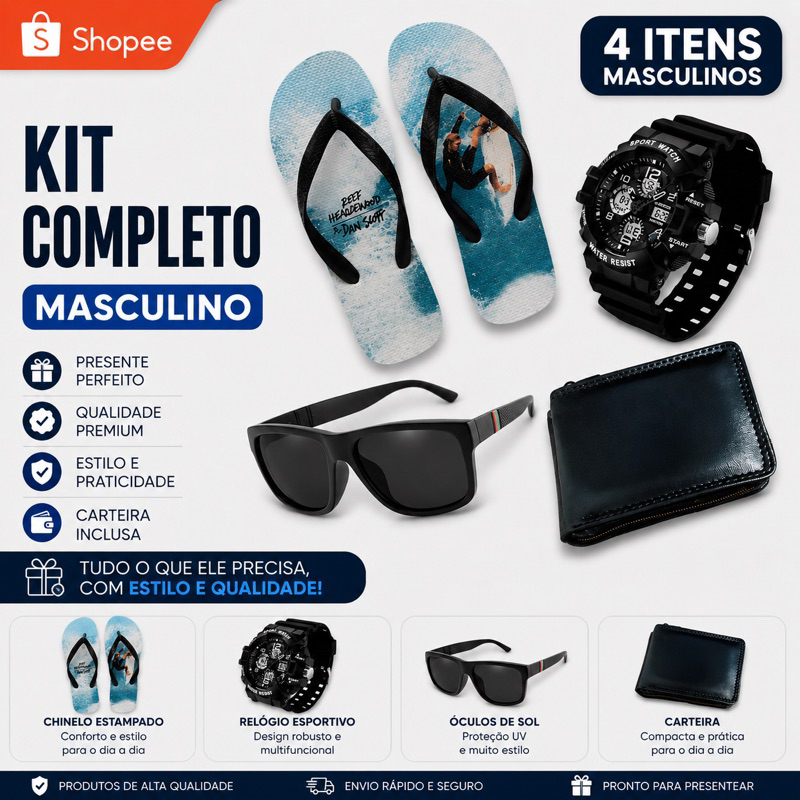 Relógio Masculino + Chinelo Masculino + Carteira Marcas Masculina + Óculos de Sol Masculino UV Presente dia dos Pais