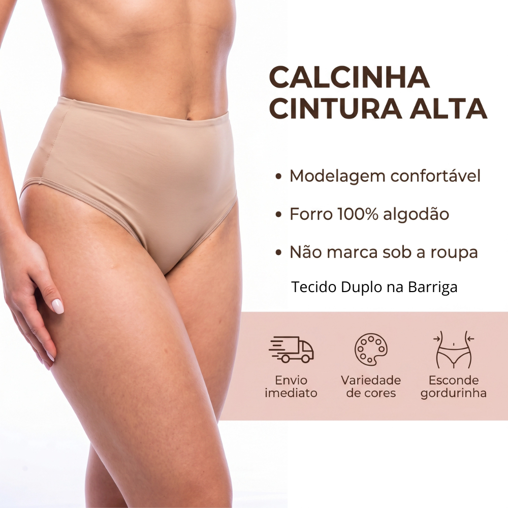 Kit Calcinha Cinta Esconde Gordurinha Fio Duplo Bem Alta Forro 100% Algodão Adulto Thais