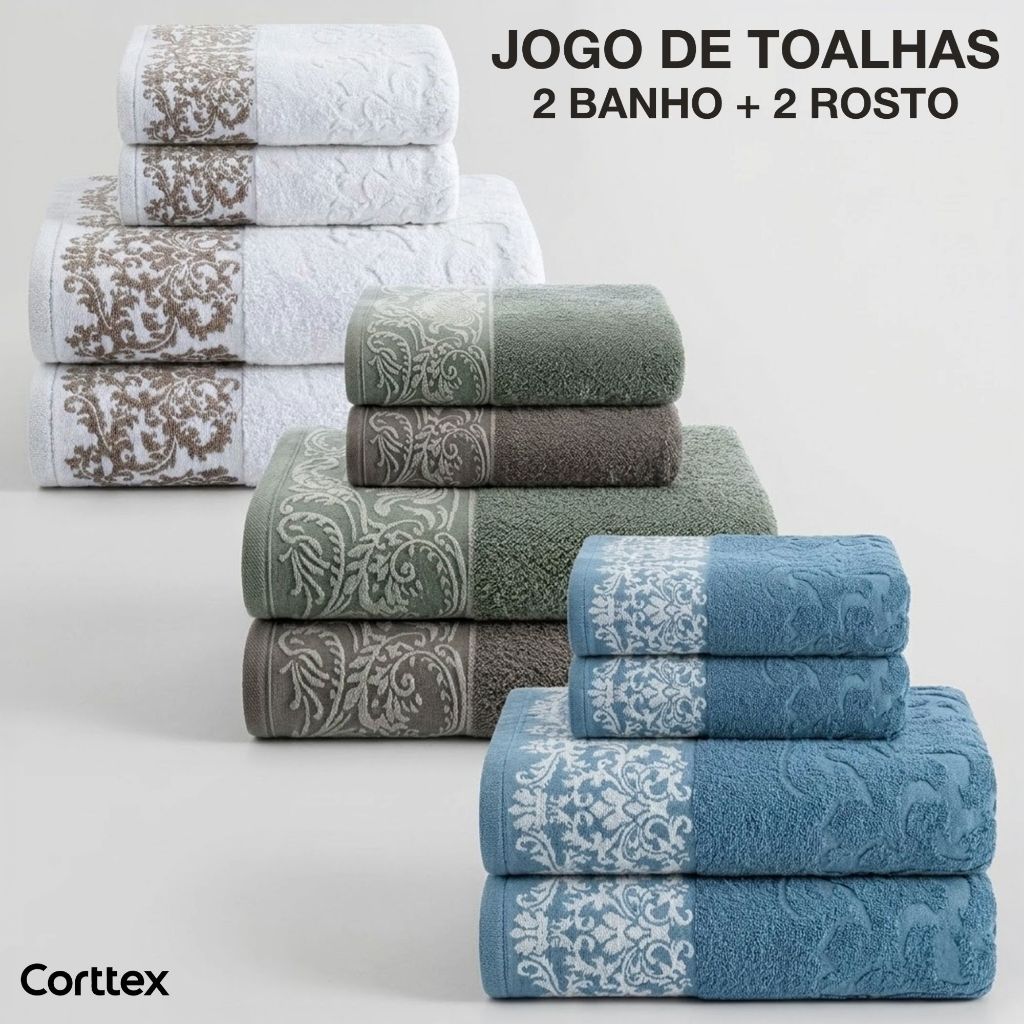 Jogo De Toalhas De Banho Jacquard Grossa 4 peças 450g/m2 100% Algodão Corttex Medalhão Louise