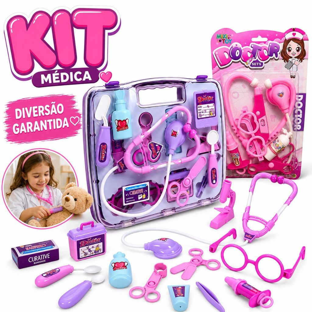 Kit Médica Maleta, Infantil, Educativo, Divertido, Brinquedo Menina, Mini Doutora, Rosa 14 Peças