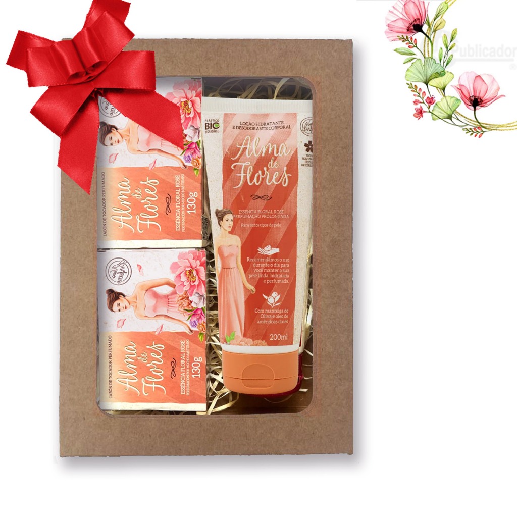 Kit 19 Presente  Feminino Alma de Flores Rose com 2 Sabonetes + Loção Hidratante Corporal