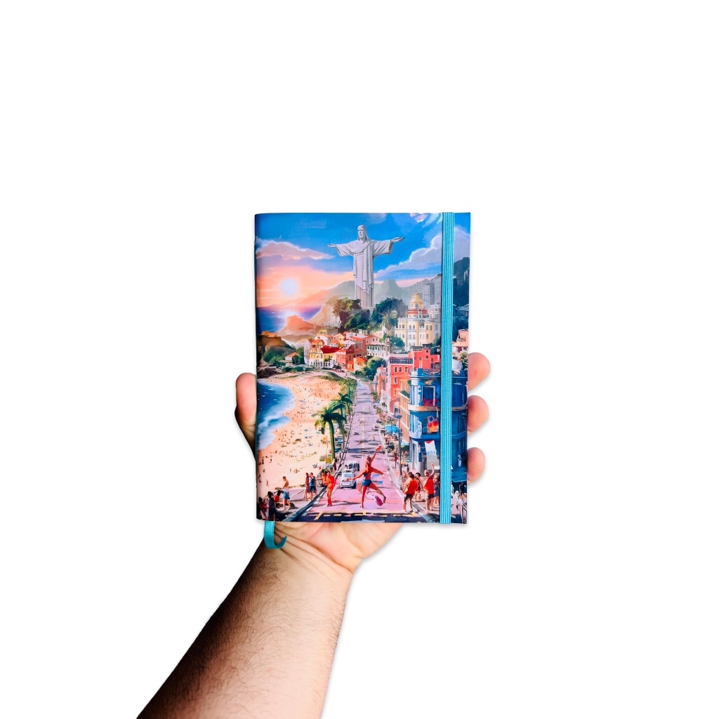 Sketchbook Caderno Rio de Janeiro Cristo Redentor Com Elástico e Marca Página Aquarela Plastificado