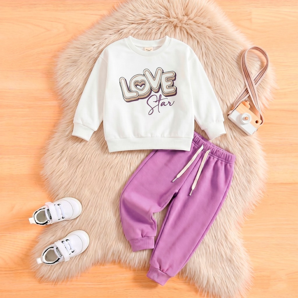 Conjunto Moletom Flanelado Infantil Menina Love Quentinho Com Elástico Na Cintura Inverno