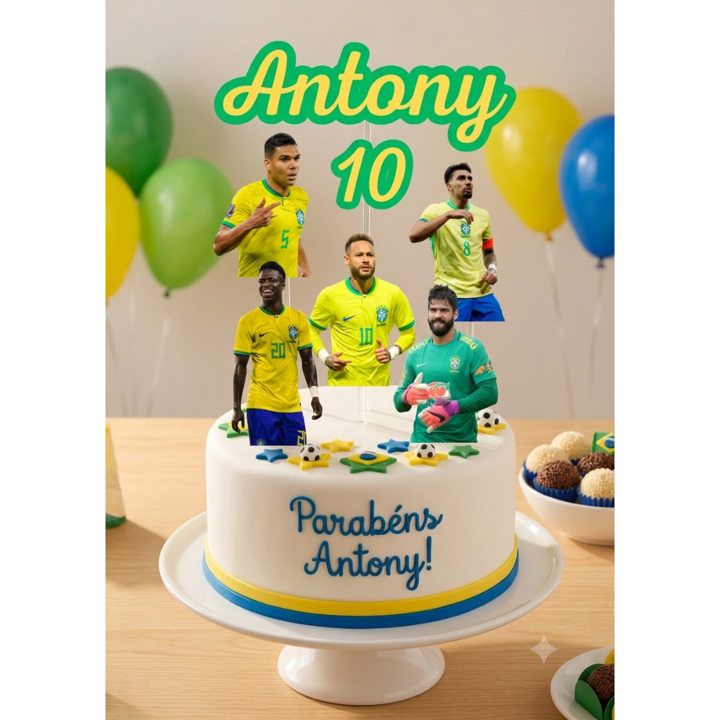 Topo/topper de bolo seleção Brasileira copa .enfeite de bolo Brasil personalizado com nome e idade.