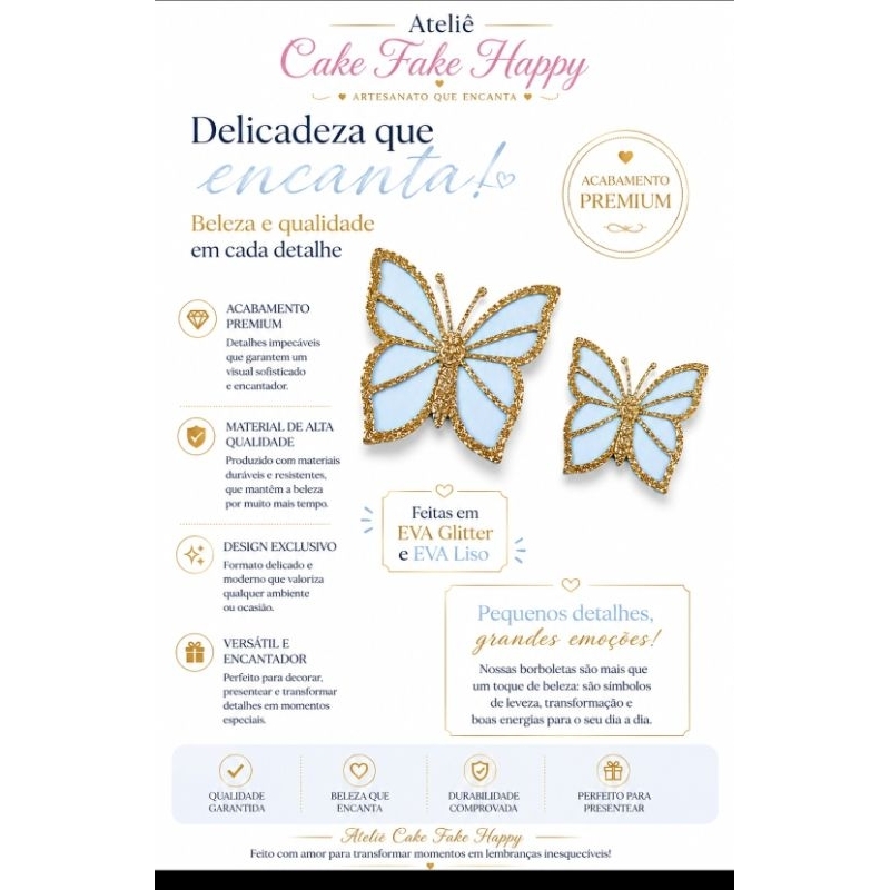 Aplique de borboletas em EVA Glitter e EVA liso para bolo fake