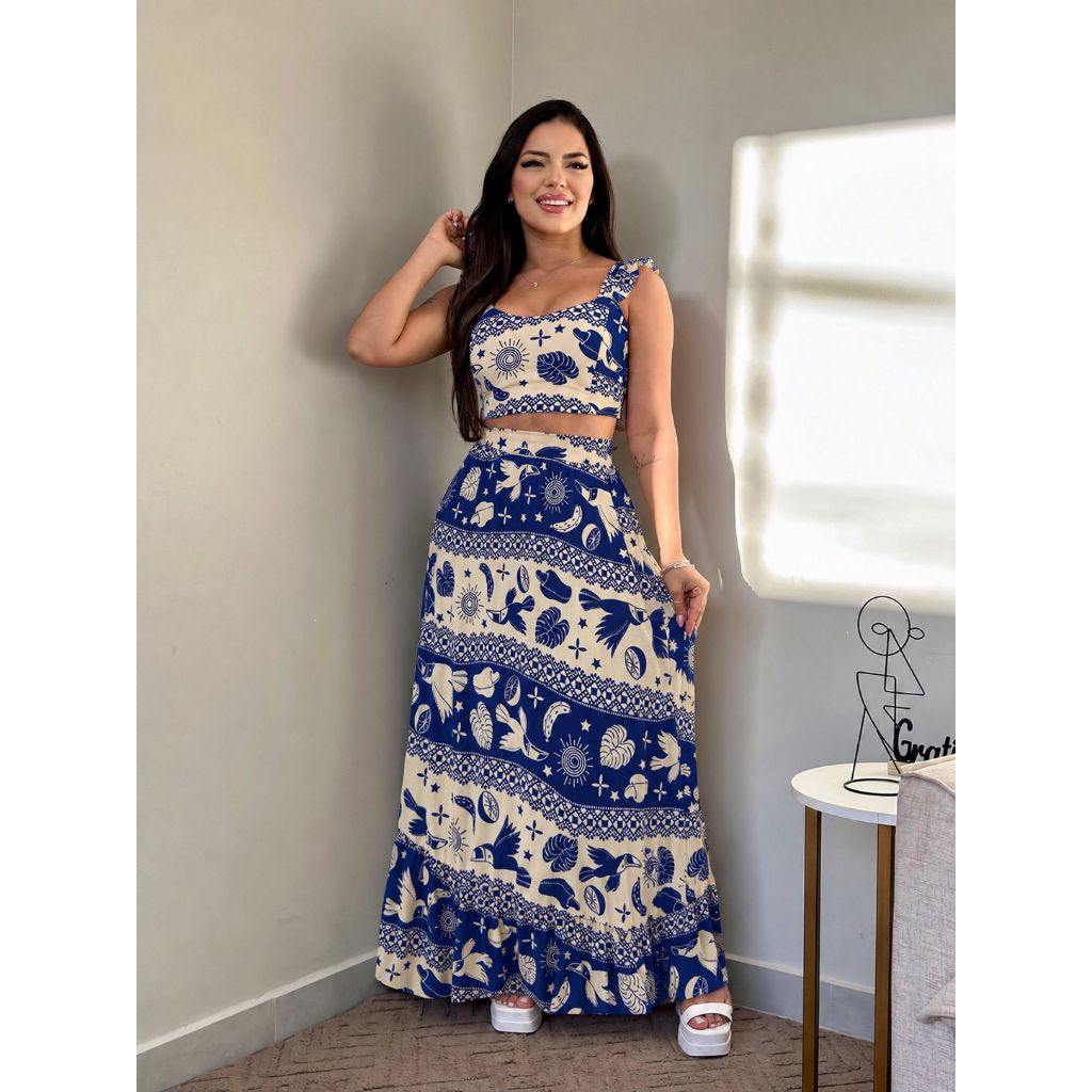 Conjunto Cropped e Saia Floral Cropd De Alcinha Babado Com Bojo Tendencia Moda Feminina Verao