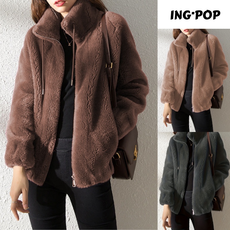 Casaco Feminino com ZíPer Casual Gola Alta Casaco Quente Veludo Inverno Teddy Jaqueta