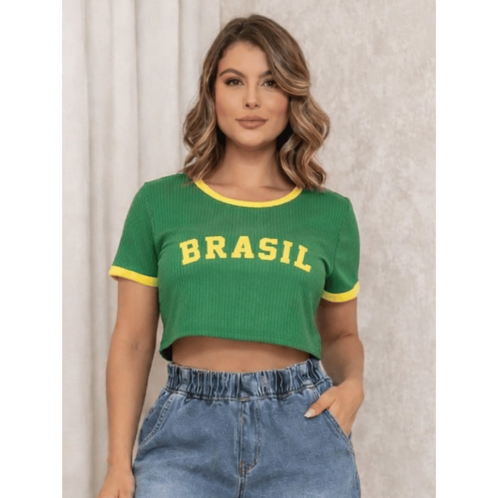 Blusinha Cropped Brasil Manga Curta Feminina Verde e Amarelo/ Azul e Branco Moda Canelada